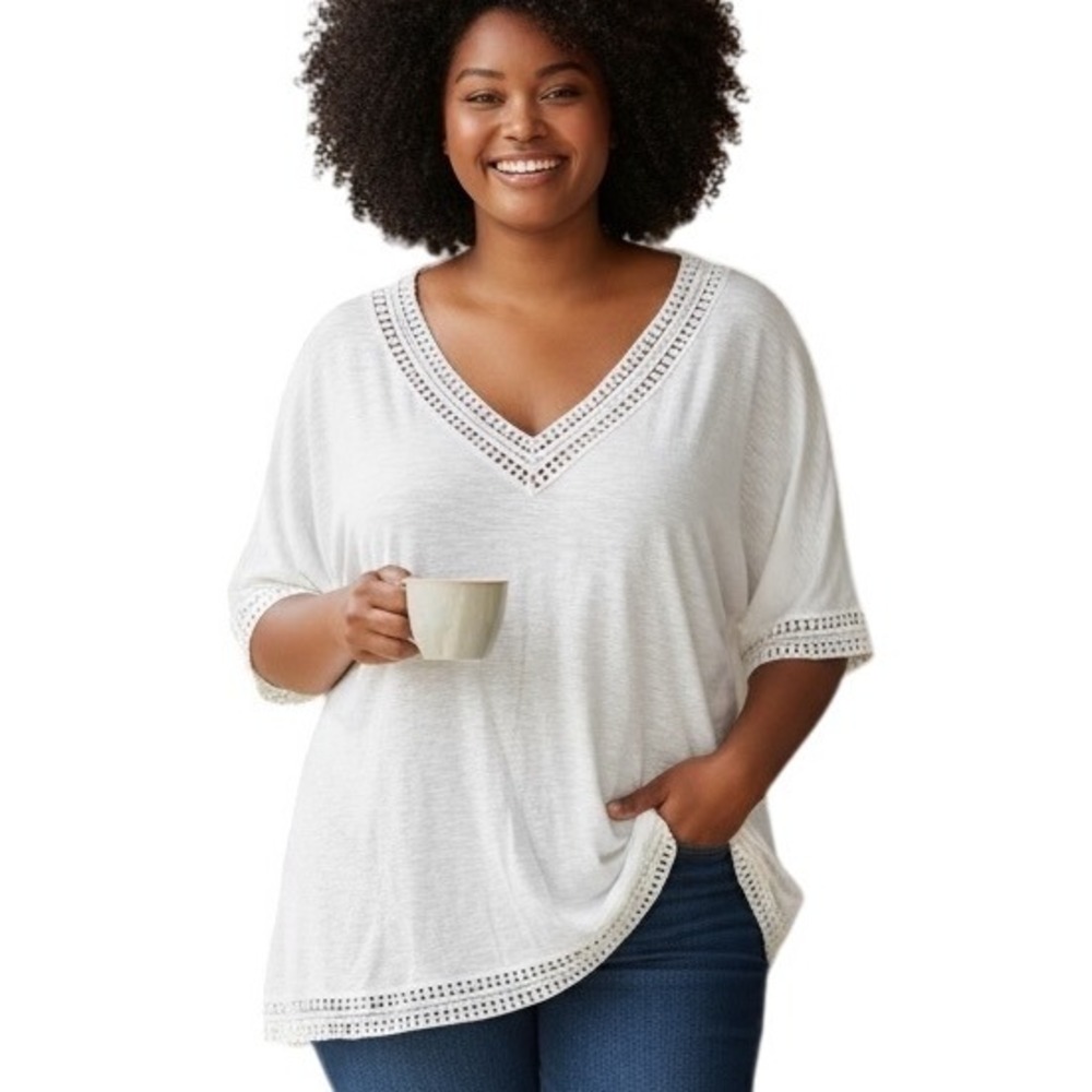 White Crochet‎ Trim V Neck Casual Boho Summer Tunic Top Women's Plus Sz 4 us 20